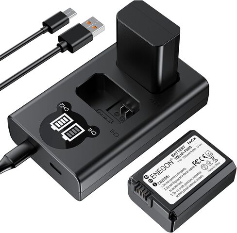 ENEGON NP-FW50 Battery 2-Pack 1300mAh & LCD Charger for Sony A6000 | Compatible with A6300 A6400 A6500 A7 A7II A7R A7S ZV-E10 RX10. USB-C & Micro-USB Input. Vlog, Travel & Outdoor Shooting Ready | Compatible with A6300 A6400 A6500 A7 A7II A7R A7S ZV-E10 R in Kuwait