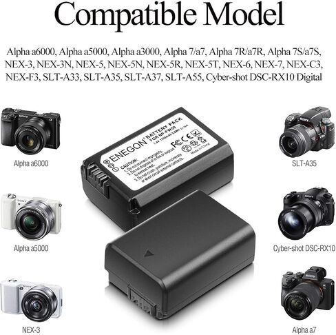 ENEGON NP-FW50 Battery 2-Pack 1300mAh & LCD Charger for Sony A6000 | Compatible with A6300 A6400 A6500 A7 A7II A7R A7S ZV-E10 RX10. USB-C & Micro-USB Input. Vlog, Travel & Outdoor Shooting Ready | Compatible with A6300 A6400 A6500 A7 A7II A7R A7S ZV-E10 R in Kuwait