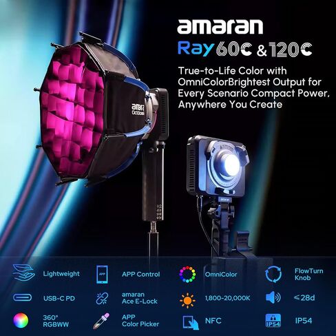 Amaran Ray 120c RGB Video Light,120w Portable Studio Photography Light CCT 1,800K-20,000K with Softbox Portable Bag for YouTube,TikTok,Live Streaming,Weddings,Vlog in Kuwait