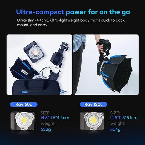 Amaran Ray 120c RGB Video Light,120w Portable Studio Photography Light CCT 1,800K-20,000K with Softbox Portable Bag for YouTube,TikTok,Live Streaming,Weddings,Vlog in Kuwait