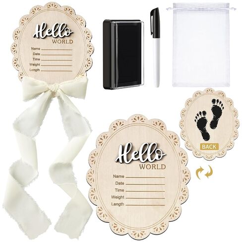 Threehoney Baby Announcement Sign 7 Inch Double Side Wood Hello World Newborn Sign with Organza Bag Marker Pen Ink Pad Ribbon Bow for Baby Shower Hand Footprint Photo Prop(Classic,White Bow) in Kuwait