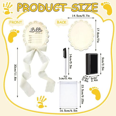Threehoney Baby Announcement Sign 7 Inch Double Side Wood Hello World Newborn Sign with Organza Bag Marker Pen Ink Pad Ribbon Bow for Baby Shower Hand Footprint Photo Prop(Classic,White Bow) in Kuwait