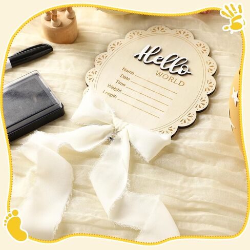Threehoney Baby Announcement Sign 7 Inch Double Side Wood Hello World Newborn Sign with Organza Bag Marker Pen Ink Pad Ribbon Bow for Baby Shower Hand Footprint Photo Prop(Classic,White Bow) in Kuwait