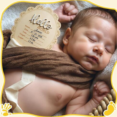 Threehoney Baby Announcement Sign 7 Inch Double Side Wood Hello World Newborn Sign with Organza Bag Marker Pen Ink Pad Ribbon Bow for Baby Shower Hand Footprint Photo Prop(Classic,White Bow) in Kuwait