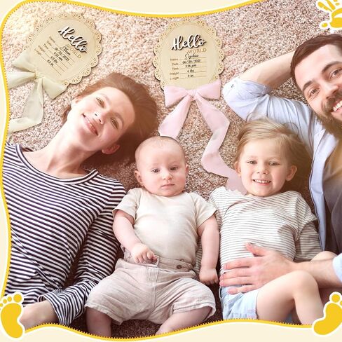 Threehoney Baby Announcement Sign 7 Inch Double Side Wood Hello World Newborn Sign with Organza Bag Marker Pen Ink Pad Ribbon Bow for Baby Shower Hand Footprint Photo Prop(Classic,White Bow) in Kuwait