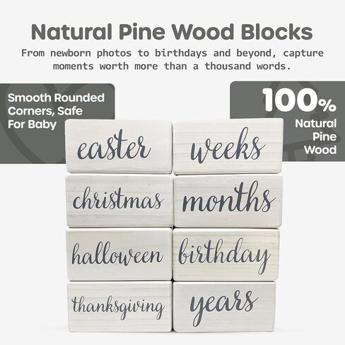 Pondering Pine Baby Milestone Blocks - Natural White Stain Pine Wood with Weeks Months Years Grade and Holidays, Newborn Weekly Monthly First Year Picture Props, 6 Block Milestones Age Set with Bag in Kuwait