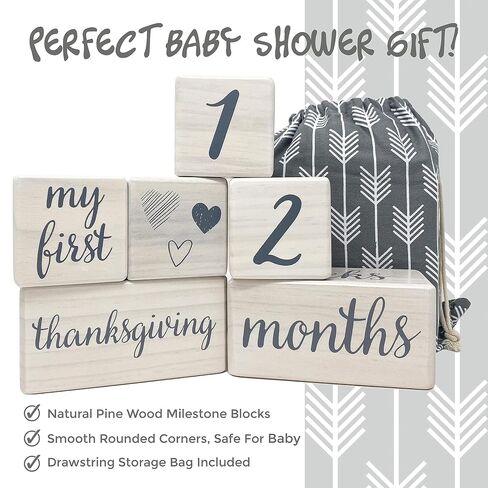 Pondering Pine Baby Milestone Blocks - Natural White Stain Pine Wood with Weeks Months Years Grade and Holidays, Newborn Weekly Monthly First Year Picture Props, 6 Block Milestones Age Set with Bag in Kuwait