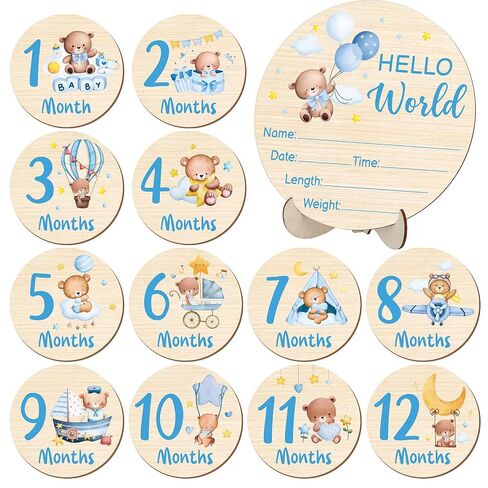 Wooden Baby Monthly Milestone Cards Double Sided Baby Birth Announcement Sign Hello World Milestone Sign Discs Pregnancy Baby Shower Gifts for Newborn Photo Props, Bear in Kuwait