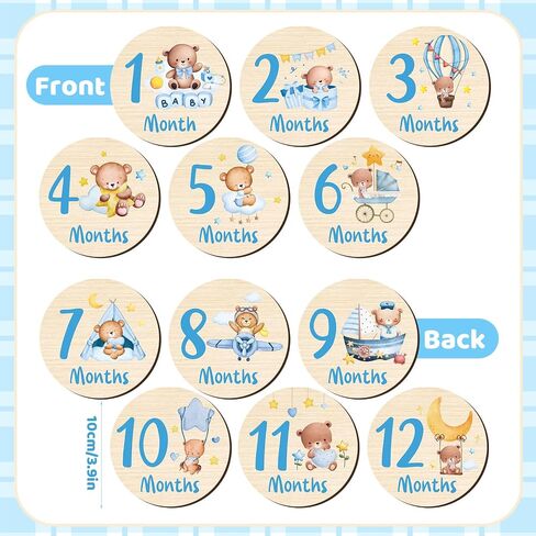 Wooden Baby Monthly Milestone Cards Double Sided Baby Birth Announcement Sign Hello World Milestone Sign Discs Pregnancy Baby Shower Gifts for Newborn Photo Props, Bear in Kuwait