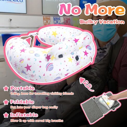 Inflatable Nursing Pillow for Breastfeeding – Travel Baby Feeding Cushion for Mom Support, Adjustable Waist Strap, Removable 100% Cotton Cover – Portable Newborn Essentials in Kuwait
