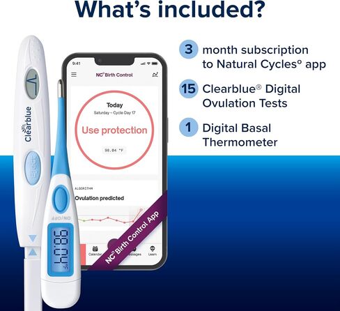 Clearblue & Natural Cycles Hormone-Free Birth Control Kit Starter Pack, 3 Month Subscription to The Natural Cycles app, 15 Digital Ovulation Tests, 1 Digital Basal Thermometer in Kuwait