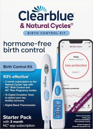 Clearblue & Natural Cycles Hormone-Free Birth Control Kit Starter Pack, 3 Month Subscription to The Natural Cycles app, 15 Digital Ovulation Tests, 1 Digital Basal Thermometer in Kuwait