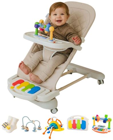 Cuddo Baby Bouncer Montessori| Sensory Toy, Piano, Tray, Rattle Socks| Khaki | Wheelable, 3-Level Recline Foldable Seat, Infant to Toddler 0-12M, Baby Gift in Kuwait