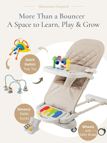 Cuddo Baby Bouncer Montessori| Sensory Toy, Piano, Tray, Rattle Socks| Khaki | Wheelable, 3-Level Recline Foldable Seat, Infant to Toddler 0-12M, Baby Gift in Kuwait