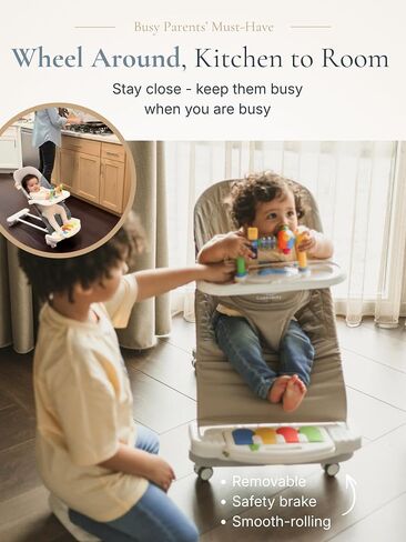Cuddo Baby Bouncer Montessori| Sensory Toy, Piano, Tray, Rattle Socks| Khaki | Wheelable, 3-Level Recline Foldable Seat, Infant to Toddler 0-12M, Baby Gift in Kuwait