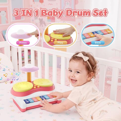 Toys for 1 Year Old Girl Gifts, Baby Music Toddler Toys Age 1-2, 3 in 1 Piano Drum Touch Light Up Toy, Infant Musical Toy 6-18 Months Babies Birthday Easter Xmas Gifts for 1 2 3 Year Old Girls in Kuwait