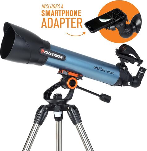 Celestron Inspire 100AZ Refractor Telescope with Built-in Smartphone Adapter, Blue in Kuwait