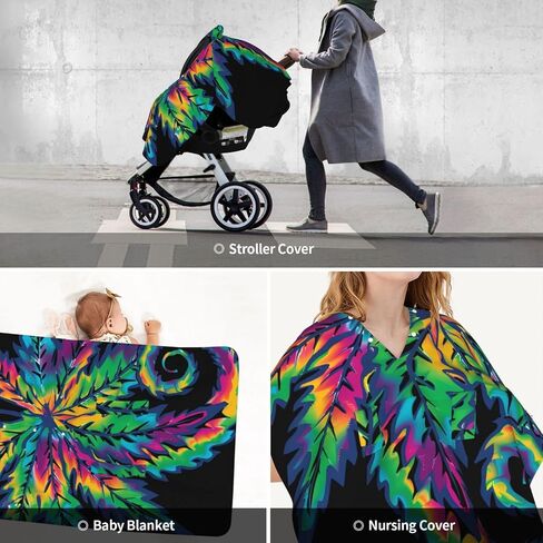 Tie Dye Pot Leaf Weeds Baby Car Seat Cover & Breastfeeding Nursing Cover - Breathable Stretch Fabric Multi-Use Nursing Cover for Breastfeeding in Kuwait