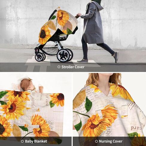 Retro Vintage Sunflowers Baby Car Seat Cover & Breastfeeding Nursing Cover - Breathable Stretch Fabric Multi-Use Nursing Cover for Breastfeeding in Kuwait