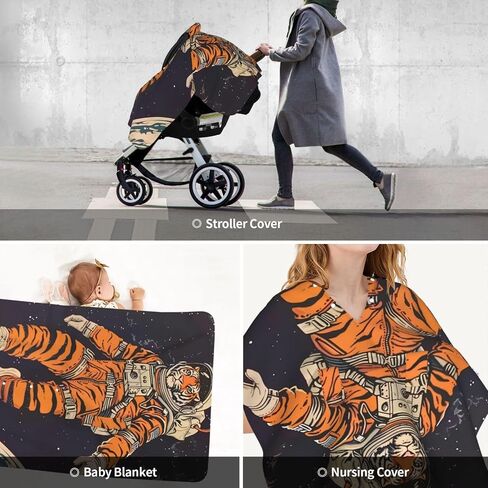 Tiger Astronaut Baby Car Seat Cover & Breastfeeding Nursing Cover - Breathable Stretch Fabric Multi-Use Nursing Cover for Breastfeeding in Kuwait