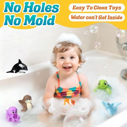 Mold Free Bath Toys - 6 Pcs Ocean Baby Bath Toys for Kids Ages 1-3 | No Hole Design Keeps No Mold, Infant Learn Sea Animals Whale With Soft Squeeze Bathtub & Pool Toddler Bath Toy, Shower Gift in Kuwait