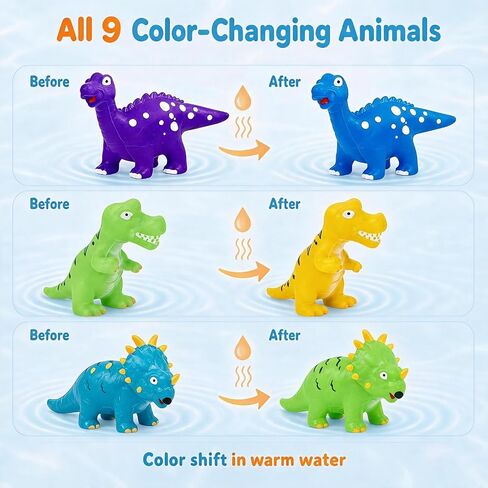 No Hole Dinosaur Bath Toys for Toddlers Ages 2-4 | 9Pcs Color Changing Dinosaurs, Sealed Design Keeps Moisture Out,100% Non Toxic,BPA Free,Soft & Easy Grip For Toddlers in Kuwait