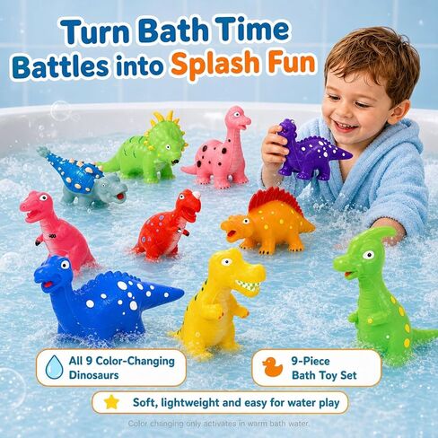 No Hole Dinosaur Bath Toys for Toddlers Ages 2-4 | 9Pcs Color Changing Dinosaurs, Sealed Design Keeps Moisture Out,100% Non Toxic,BPA Free,Soft & Easy Grip For Toddlers in Kuwait