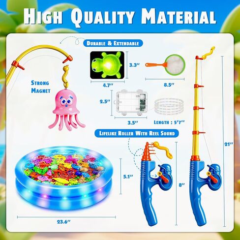 CozyBomB™ Magnetic Fishing Toys Game Set for Kids | Water Table Bathtub Kiddie Pool Party Pole Rod Net, Outdoor Plastic Floating Fish, Toddler Bath Color Ocean Sea Animals Birthday Gift Age 3-5 6 4-8 in Kuwait