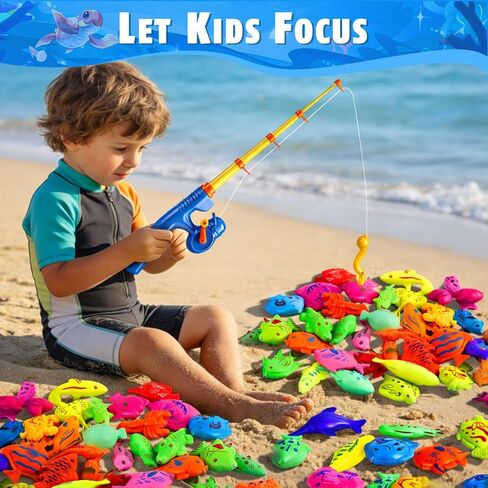 CozyBomB™ Magnetic Fishing Toys Game Set for Kids | Water Table Bathtub Kiddie Pool Party Pole Rod Net, Outdoor Plastic Floating Fish, Toddler Bath Color Ocean Sea Animals Birthday Gift Age 3-5 6 4-8 in Kuwait