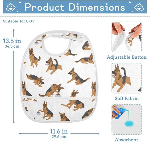 Baby Feeding Bibs with Catcher Pocket Cute German Shepherd Dogs Newborn Toddler Teething Drooling Bib 1 Pack in Kuwait