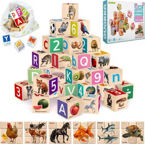 QUOKKA Montessori Wooden Blocks for Toddlers 1-3 - 35 Realistic ABC Learning Baby Blocks for Kids 3-5 Year Olds - Stacking Alphabet Wood Toys for 2-4 yo - Learn Letters Numbers in Kuwait