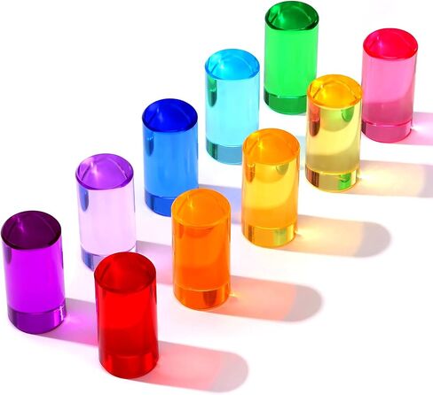 Rainbow Acrylic Blocks, 10 Stackable Cylinders for Kids Ages 3+ | 10 acrylic color blocks, 2 x 1 in, stackable, ages 3+, white paper box for gift wrap, preschool and light table use in Kuwait