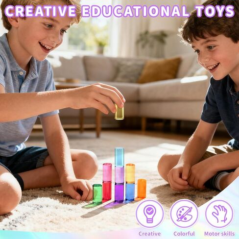 Rainbow Acrylic Blocks, 10 Stackable Cylinders for Kids Ages 3+ | 10 acrylic color blocks, 2 x 1 in, stackable, ages 3+, white paper box for gift wrap, preschool and light table use in Kuwait
