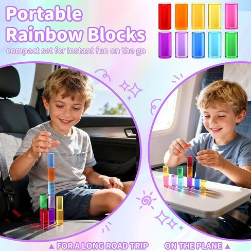 Rainbow Acrylic Blocks, 10 Stackable Cylinders for Kids Ages 3+ | 10 acrylic color blocks, 2 x 1 in, stackable, ages 3+, white paper box for gift wrap, preschool and light table use in Kuwait