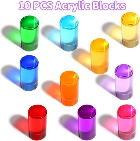 Rainbow Acrylic Blocks, 10 Stackable Cylinders for Kids Ages 3+ | 10 acrylic color blocks, 2 x 1 in, stackable, ages 3+, white paper box for gift wrap, preschool and light table use in Kuwait