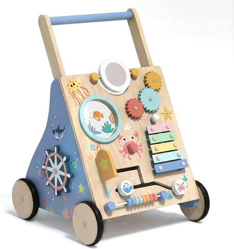 Ocean-Themed Wooden Baby Walker with Activity Center, Montessori Push Walker Toy for Babies 18 Months, Safe First Steps Baby Walking Aid for Boys & Girls in Kuwait