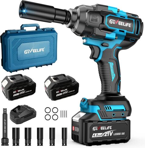 GEVEELIFE 1200N.m (900Ft-lbs) Brushless Impact Wrench, 1/2" Cordless Impact Driver with 2x 4.0Ah Battery, Fast Charger & 5 Sockets, High Torque, Electric Impact Gun for Car/Truck/RV/Mower in Kuwait