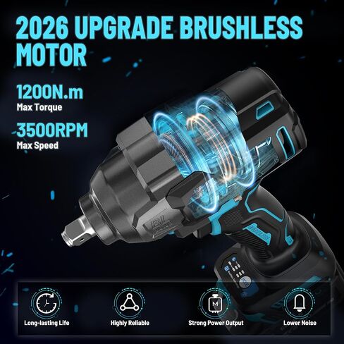 GEVEELIFE 1200N.m (900Ft-lbs) Brushless Impact Wrench, 1/2" Cordless Impact Driver with 2x 4.0Ah Battery, Fast Charger & 5 Sockets, High Torque, Electric Impact Gun for Car/Truck/RV/Mower in Kuwait