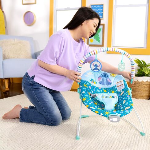 Bright Starts Disney Stitch Ohana Paradise Vibrating Baby Bouncer, Soothing Vibrations Infant Seat with 2 Sensory Toys, 0-6 Months in Kuwait