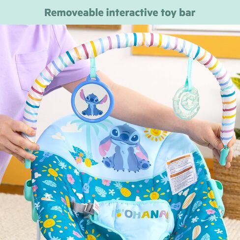 Bright Starts Disney Stitch Ohana Paradise Vibrating Baby Bouncer, Soothing Vibrations Infant Seat with 2 Sensory Toys, 0-6 Months in Kuwait
