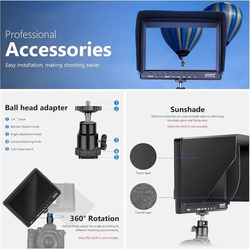 Neewer F100 7inch Camera Field Monitor HD Video Assist IPS 1280x800 HDMI Input 1080p with Sunshade and Ball Head for DSLR Cameras, Handheld Stabilizer, Film Video Making Rig (Battery Not Included) in Kuwait