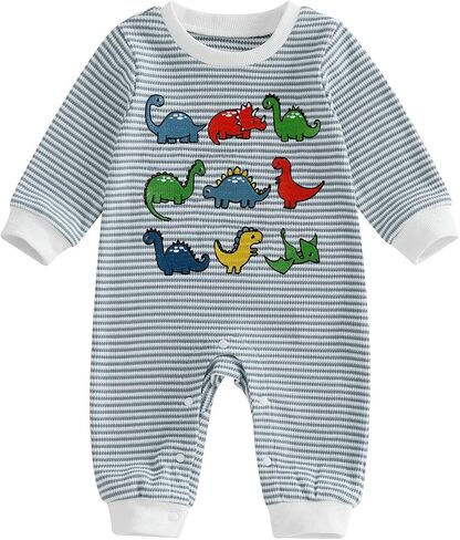 Newborn Baby Boy Fall Outfit Romper Jumpsuit Infant Waffle Clothes | Dinosaur Embroidery Cute Long Sleeve Round Neck Stripe Bodysuit Clothing in Kuwait