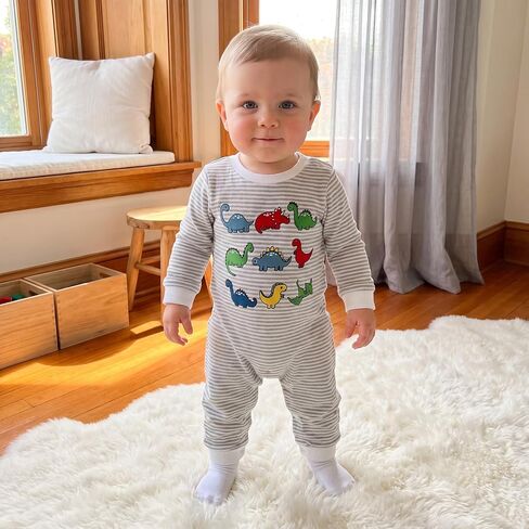 Newborn Baby Boy Fall Outfit Romper Jumpsuit Infant Waffle Clothes | Dinosaur Embroidery Cute Long Sleeve Round Neck Stripe Bodysuit Clothing in Kuwait