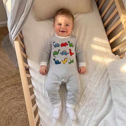 Newborn Baby Boy Fall Outfit Romper Jumpsuit Infant Waffle Clothes | Dinosaur Embroidery Cute Long Sleeve Round Neck Stripe Bodysuit Clothing in Kuwait