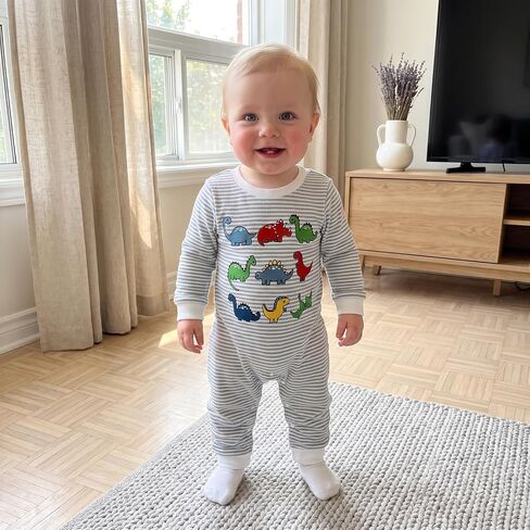 Newborn Baby Boy Fall Outfit Romper Jumpsuit Infant Waffle Clothes | Dinosaur Embroidery Cute Long Sleeve Round Neck Stripe Bodysuit Clothing in Kuwait