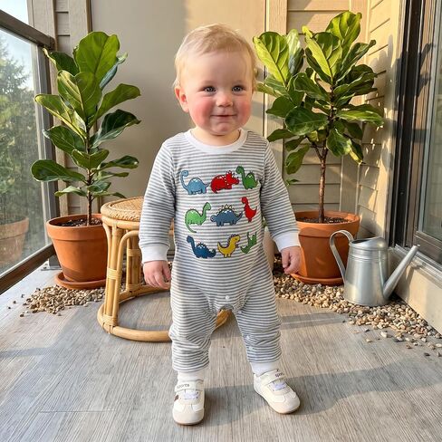 Newborn Baby Boy Fall Outfit Romper Jumpsuit Infant Waffle Clothes | Dinosaur Embroidery Cute Long Sleeve Round Neck Stripe Bodysuit Clothing in Kuwait