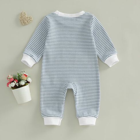 Newborn Baby Boy Fall Outfit Romper Jumpsuit Infant Waffle Clothes | Dinosaur Embroidery Cute Long Sleeve Round Neck Stripe Bodysuit Clothing in Kuwait