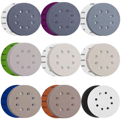 80pcs 5 inch 8 Hole Sanding Discs Hook and Loop 1500/2000/2500/3000/4000/5000/7000/10000 Grits Wet Dry Sandpaper with 2pcs Interface Pad for Random Orbital Sander Automotive Wood Metal Polishing in Kuwait
