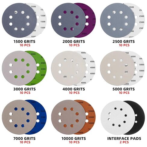 80pcs 5 inch 8 Hole Sanding Discs Hook and Loop 1500/2000/2500/3000/4000/5000/7000/10000 Grits Wet Dry Sandpaper with 2pcs Interface Pad for Random Orbital Sander Automotive Wood Metal Polishing in Kuwait