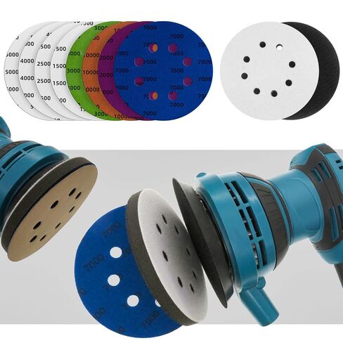 80pcs 5 inch 8 Hole Sanding Discs Hook and Loop 1500/2000/2500/3000/4000/5000/7000/10000 Grits Wet Dry Sandpaper with 2pcs Interface Pad for Random Orbital Sander Automotive Wood Metal Polishing in Kuwait